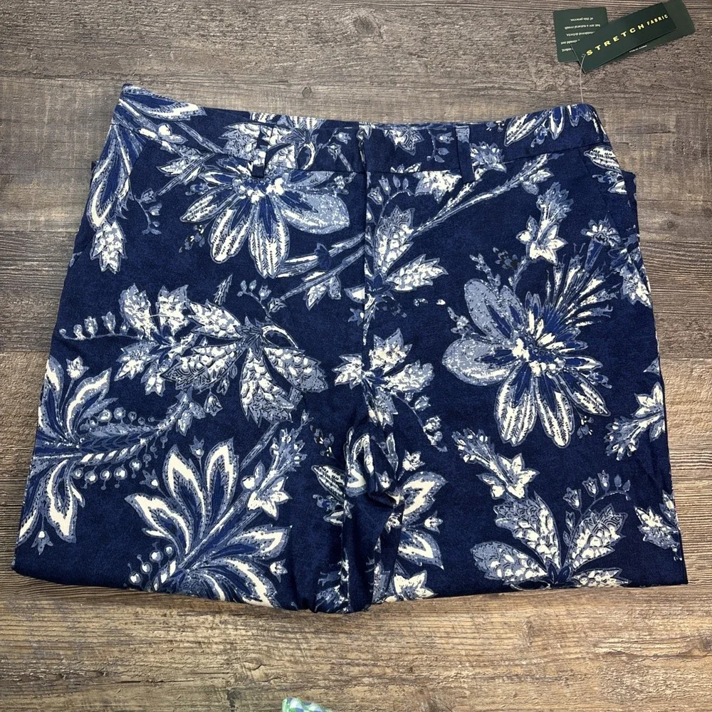 Lauren Ralph Lauren Women's 14‎ Crop Floral Pant Navy Cotton Stretch Pockets NEW - Picture 3 of 11